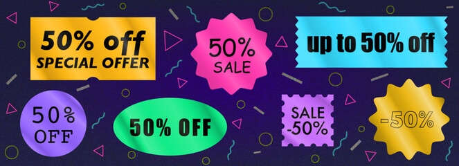 Sticker pack. Price stickers. Sale 50 percent off. Peeled Paper Stickers.