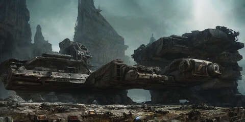 Ancient giant crashed space ship. Science fiction illustration, generative AI