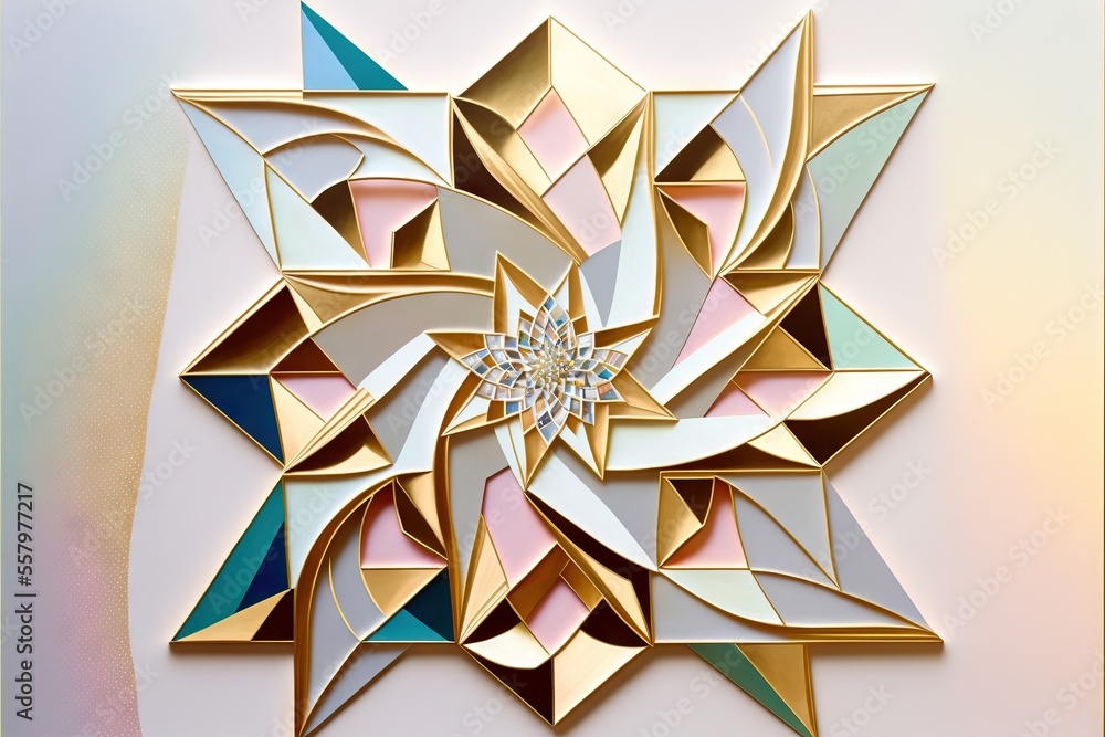 Poster a gold and white abstract design on a white background with a diamond in the center of the image and