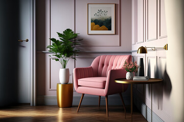 Interior of a modest living room with a pink armchair and a wooden table against an empty wall. Generative AI
