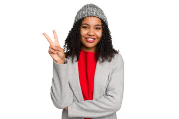 Young african american woman wearing winter jacket isolated showing number two with fingers.