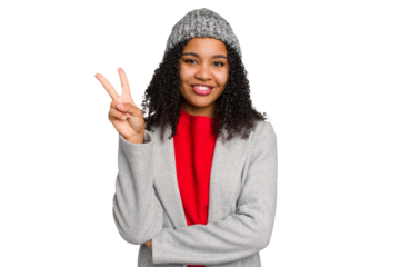 Young african american woman wearing winter jacket isolated showing number two with fingers.