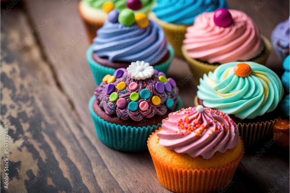 Poster a group of cupcakes sitting on top of a wooden table with frosting on top of them and sprinkles on t
