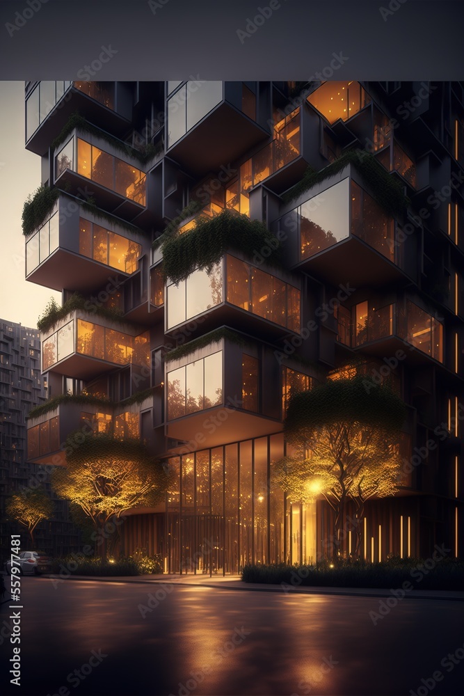 Poster a tall building with many balconies on the top of it at night time with lights on the windows and tr