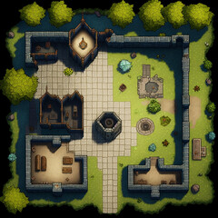 RPG Fantasy Top Down City Battle Map, Village Themed Video Games Illustration, Roleplaying Fantasy Tabletop Generative AI