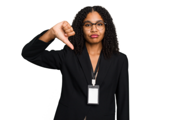 Young african american business woman with ID card isolated showing a dislike gesture, thumbs down. Disagreement concept.