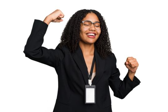 Young african american business woman with ID card isolated raising fist after a victory, winner concept. - Powered by Adobe