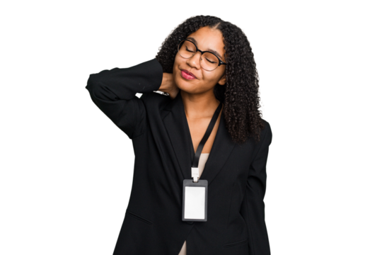 Young african american business woman with ID card isolated touching back of head, thinking and making a choice.