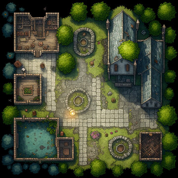 RPG Fantasy Top Down City Battle Map, Village Themed Video Games Illustration, Roleplaying Fantasy Tabletop Generative AI