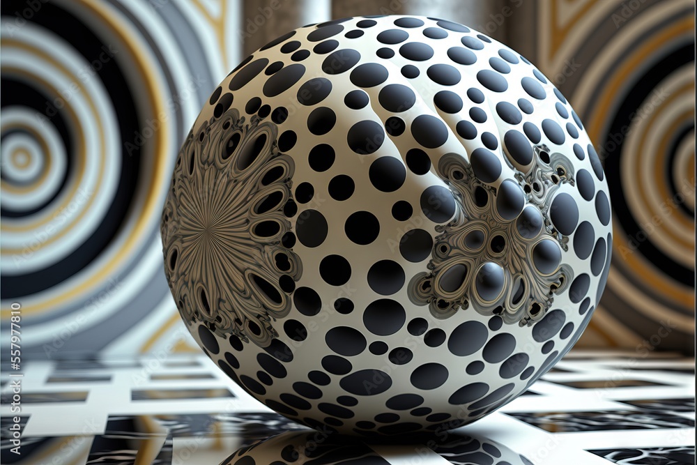 Poster a black and white ball sitting on top of a tiled floor next to a wall with circles on it and a vase 