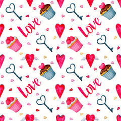 Seamless pattern on white background Valentine's day, birthday, mother's day, wedding. Vintage hearts, keys, cupcakes and the inscription LOVE. Design for wallpaper, packaging, wrapper, fabric,textile