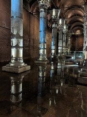 Theodosius cistern. Ancient underground reservoir in beautiful lighting. Istanbul, Turkey.