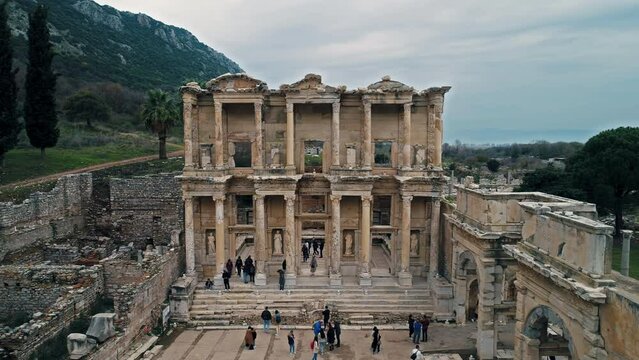 A drone shot of the ancient city of Ephesus in Turkey