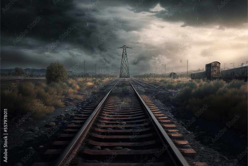 Poster a train track in the middle of a field under a dark sky with a train on it and a power pole in the d