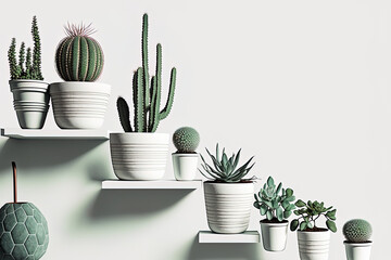 looking up. Potted succulent collection. interior of a minimalist home featuring succulents and cacti. A chic home garden design. Generative AI