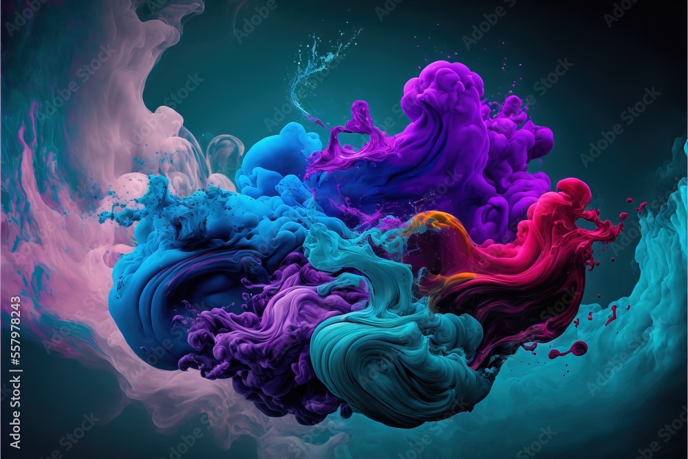 Poster a group of colorful liquids floating in the air on a black background with a blue sky in the backgro