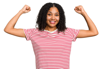 Young african american woman with curly hair cut out isolated showing strength gesture with arms, symbol of feminine power