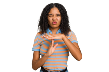 Young african american woman with curly hair cut out isolated showing a timeout gesture.