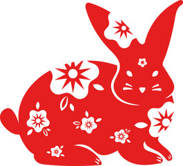 ilustration chinese new year 2023 seated rabbit with flowers without background
