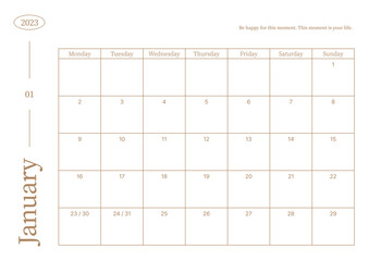 January 2023 simple design digital and printable calendar template illustration. Notes, scheduler, diary, calendar, memo, planner document template background. 