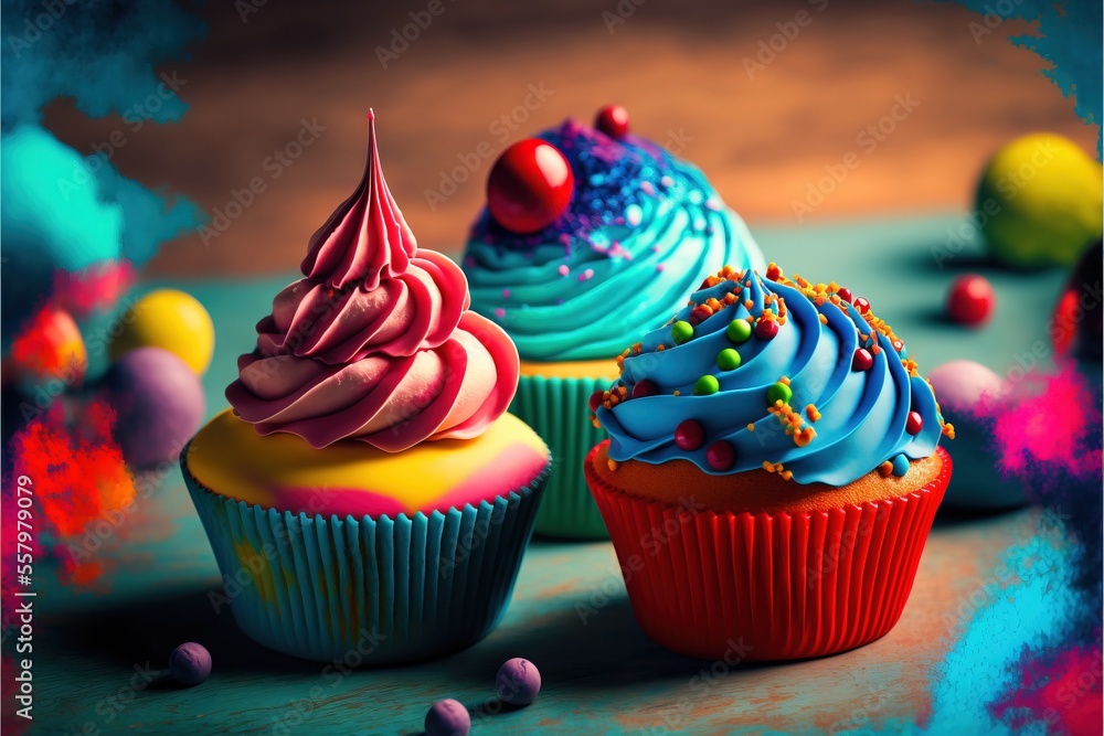Poster three colorful cupcakes with sprinkles on a blue tablecloth with other cupcakes in the background an