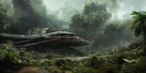 Ancient crashed space ship debris in jungle. Science fiction illustration created with help of generative AI