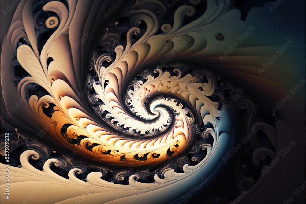 Poster a computer generated image of a spiral like object in yellow, blue, and brown colors with a black ba