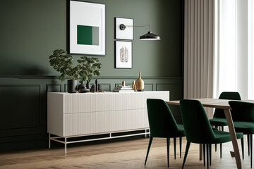 Fototapeta na wymiar Interior of a living room with a mockup over a buffet and a tiny dining table. Design in sand beige with parquet flooring, pendant lamps, and dark green accents. idea for a contemporary living space