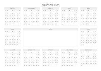 This is a simple, minimalist style annual planner with a year 12 month calendar for 2023. Note, scheduler, diary, calendar planner document template illustration.