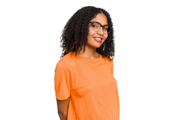 Young african american woman with curly hair cut out isolated confident keeping hands on hips.