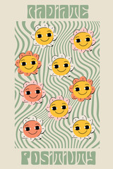 Retro 70s daisy flowers illustration print with distorted checkered pattern background for girl - kids graphic tee t shirt or sticker - Vector
