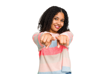 Young african american woman with curly hair cut out isolated pointing to front with fingers.