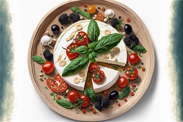 a plate of cheese with tomatoes.