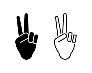 Victory win V sign hand gesture vector illustration. Two fingers peace icon line outline isolated cut out black white silhouette pictogram