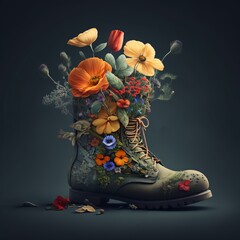 Illustration of Footwear with Wildflowers Growing Around and Inside
