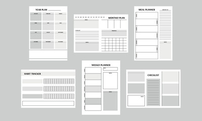 Set of vector planners and printable. Plan for the year, for the month, for the week, menu, habit tracker, checklist, notes, goals, priorities, grocery list. Vector illustrations
