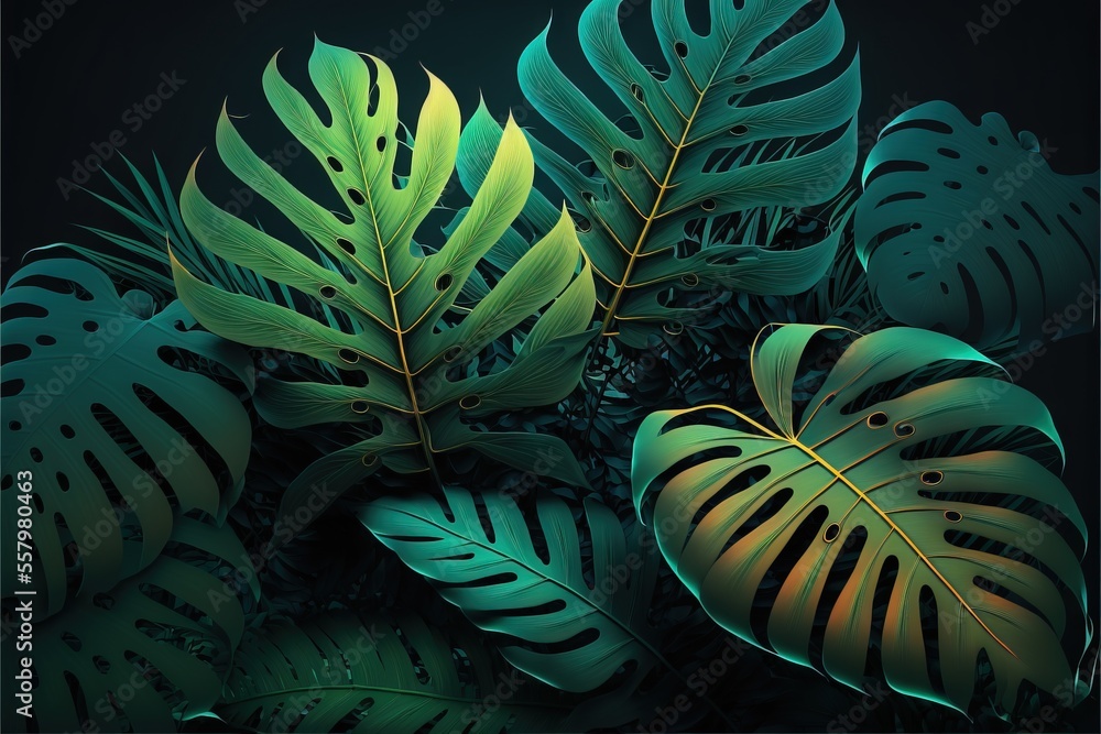 Poster a bunch of green leaves on a black background with a green light in the middle of the leaves is a da