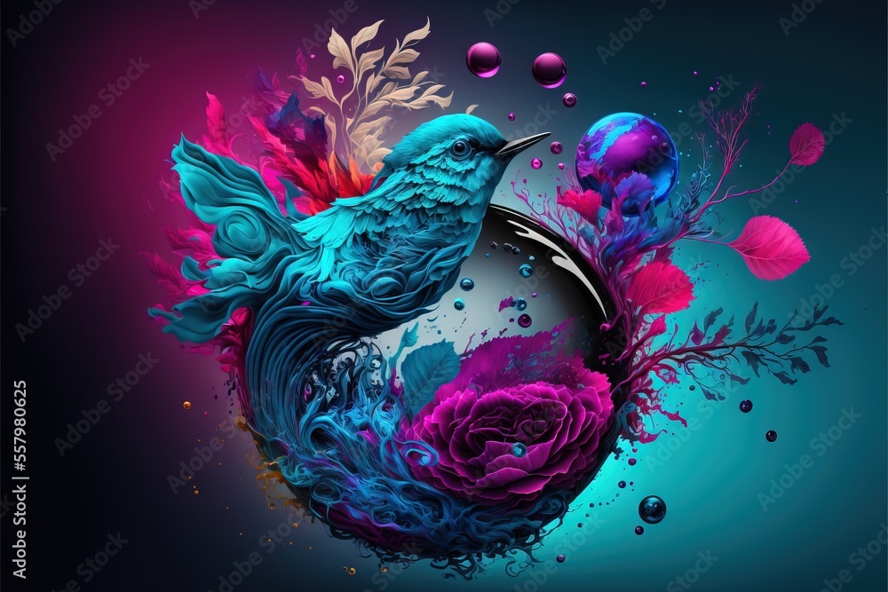 Poster a bird sitting on top of a ball with a flower on it's side and a skull in the middle of the ball wit