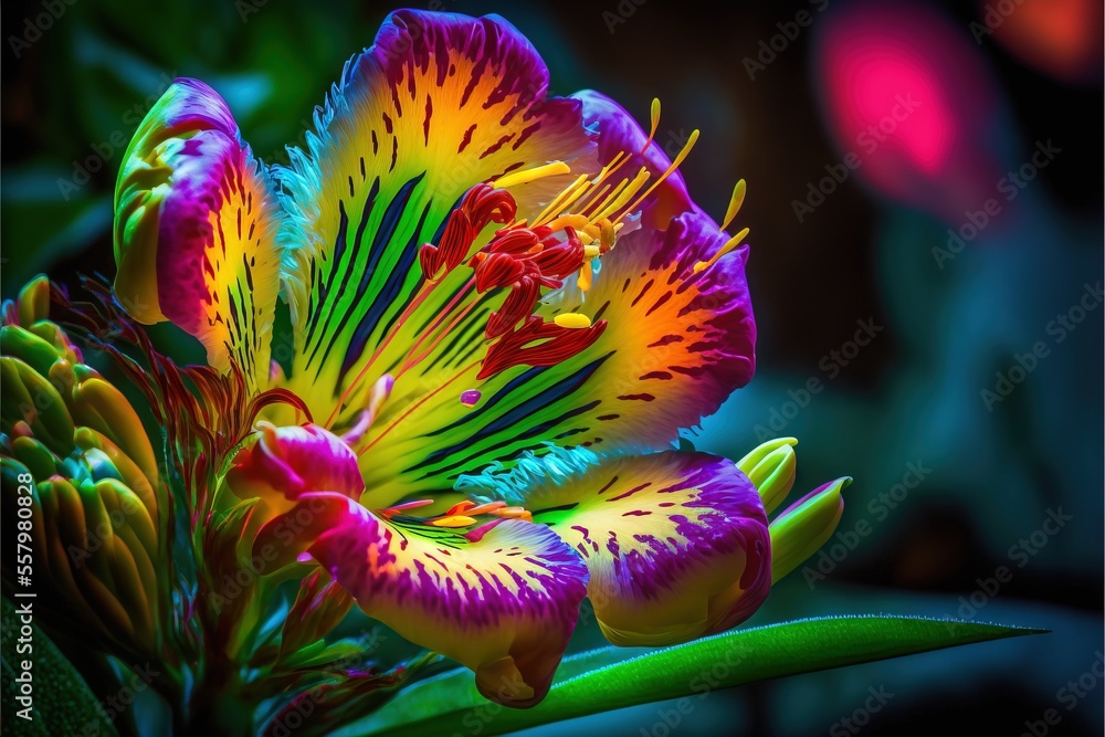 Poster a close up of a colorful flower with a green stem in the foreground and a pink and yellow flower in 
