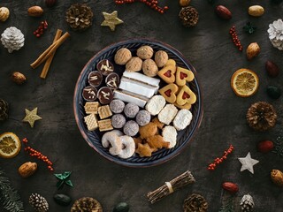 Plate of various traditional homemade slovak christmas cookies. Overhead shot. Christmas decoration.