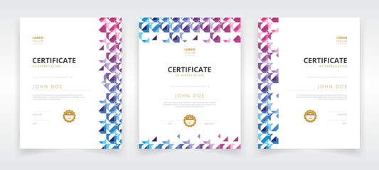 Vertically oriented modern and professional certificate template set with purple and blue gradient artwork that can be used in educational or business sector