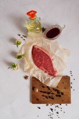 Flatlay raw steak and marbled beef