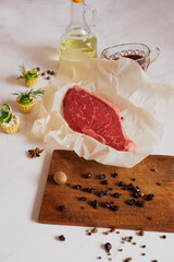 Flatlay raw steak and marbled beef