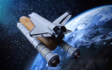 Nave con cohete espacial saliendo de la tierra hacia el espacio, espacio estrellado con fondo de la tierra, render 3d © Kelvin Reynoso