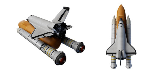 Nave espacial con cohetes, aislado sobre blanco, render 3d © Kelvin Reynoso