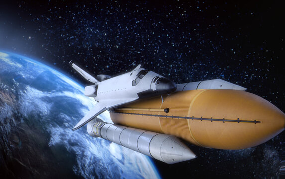 Nave con cohete espacial saliendo de la tierra hacia el espacio, espacio estrellado con fondo de la tierra, render 3d