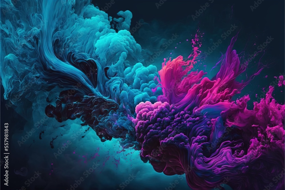 Poster a computer screen with a colorful design on the back of the screen and a black background with a blu
