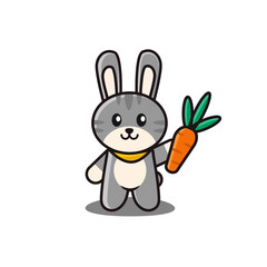 Cartoon cute rabbit, bunny, hare with carrot icon vector Illustration on white background. Easter bunny. Cartoon vector character. 