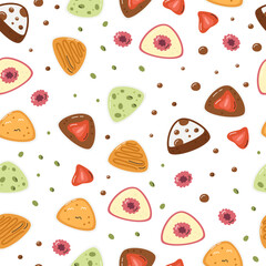 Fruity mochi seamless pattern. Popular japanese traditional food dango surface design. Classic rice cakes with flavors. Asian dessert daifuku hand drawn flat vector illustration isolated on white