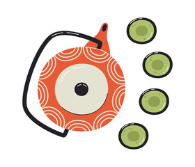 Traditional chinese tea ceremony set isolated on white. Oriental herbal green tea. Teapot and teacups collection. Asian culture related items. Hand drawn flat vector illustration isolated on white